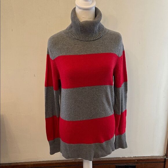 Lands End gray red striped turtleneck sweater Size S EUC - Picture 1 of 5